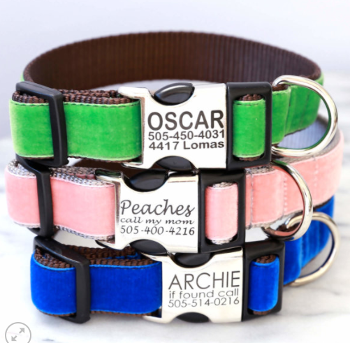 Engraved Metal Buckle Personalized Dog Collar *37 Velvet Dog Collar Colors
